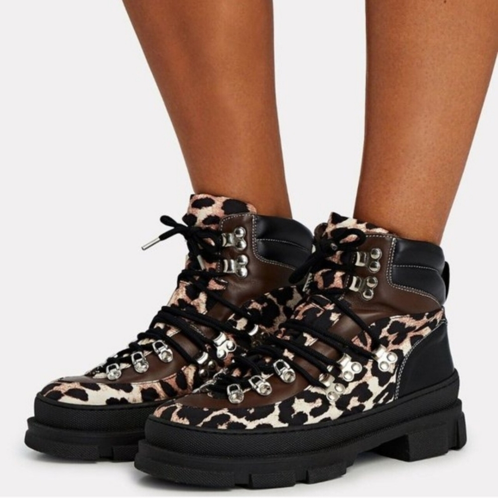 GANNI Leopard Print Mixed-Media Hiking Boots Size 40 EU 10 US
